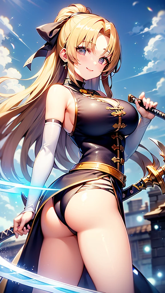 ((Highest quality、、masterpiece:1.3)), Upper Body、Long legs、Sharp focus:1.2, Beautiful woman with perfect figure:1.4、((Big Breasts:1.2)), (Big Breasts、Soft looking big ass、Feminine body 、Smiling:1.2), Face and skin texture crafted to the smallest detail、Fine-grained、double eyelid、25-year-old female、sexly、((((Cosplay、Isekai background、Fantasy、A world of swords and magic、Brave))))