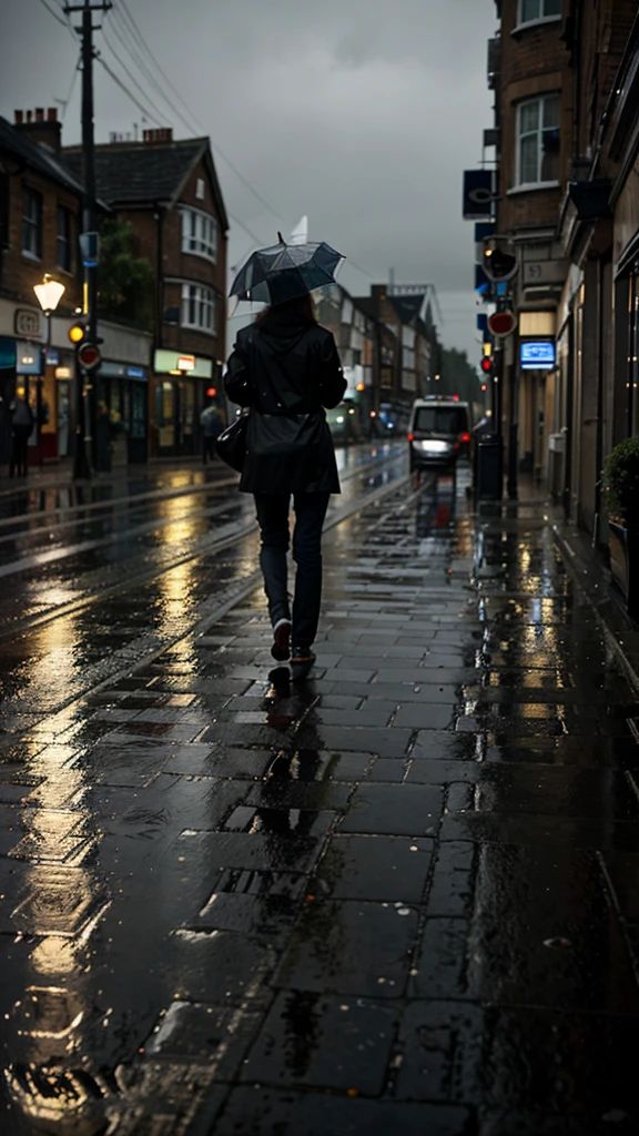 A rain-soaked sidewalk City of night England