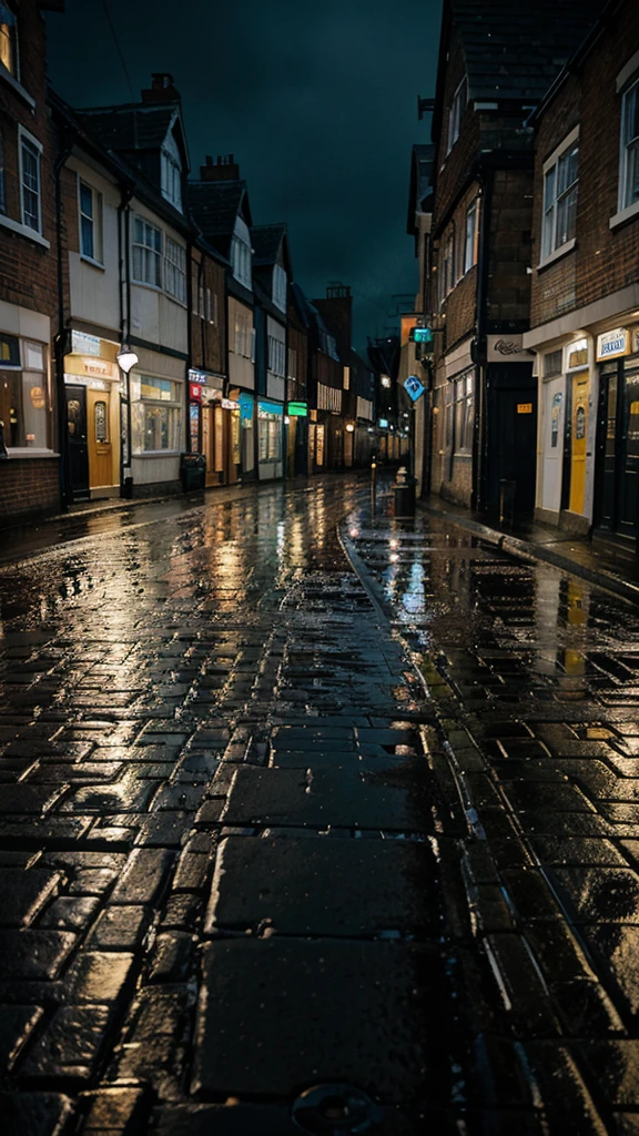 A rain-soaked sidewalk City of night England