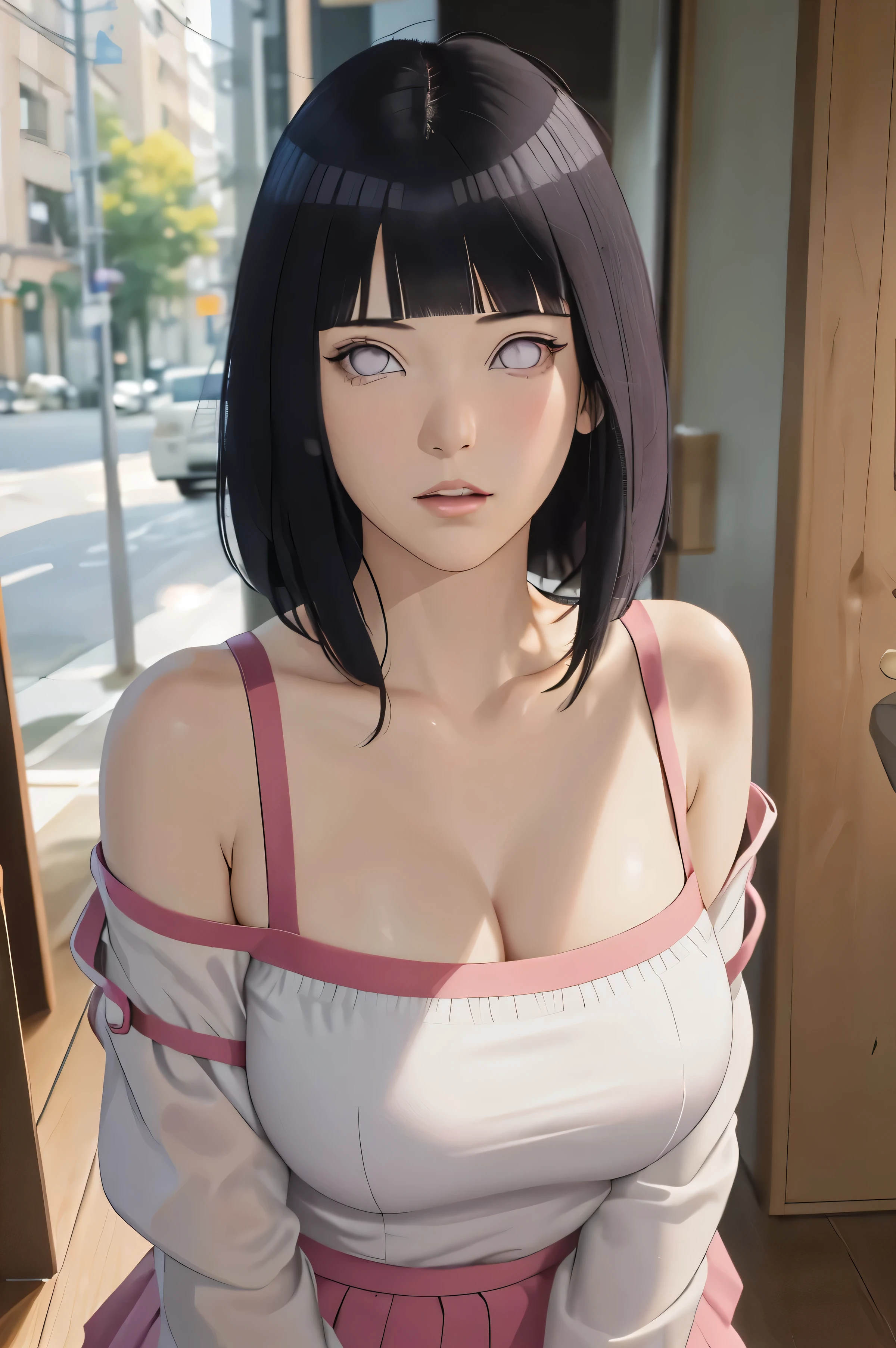 masterpiece, absurdres, hinata\(boruto\), 1girl, solo,mature female, off-shoulder strap bra, high waist short skirt, looking at viewer, perfect composition, detailed lips, big breast, beautiful face, body propotion, blush, (pink lips), long hair, purple eyes, soft gaze, super realistic, detailed, photoshoot, realistic face and body,