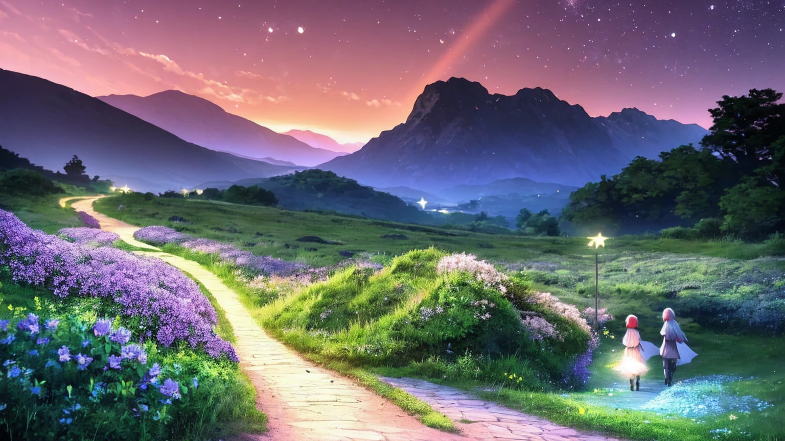 High quality, high quality, 4K, Ghibli style.
One woman, sharp contours, short light blue hair, red jumper, blue pants, leather boots.
In the background is the path they must take. The path is surrounded by difficult mountains and walls, but in the distance they can see a shining future. They are depicted breaking down walls as they go, a light of courage and hope shining down on them.
In the night sky, stars of hope shine brightly, illuminating the path. Surrounding them are flowers in bloom, symbols of hope, swaying in the wind.