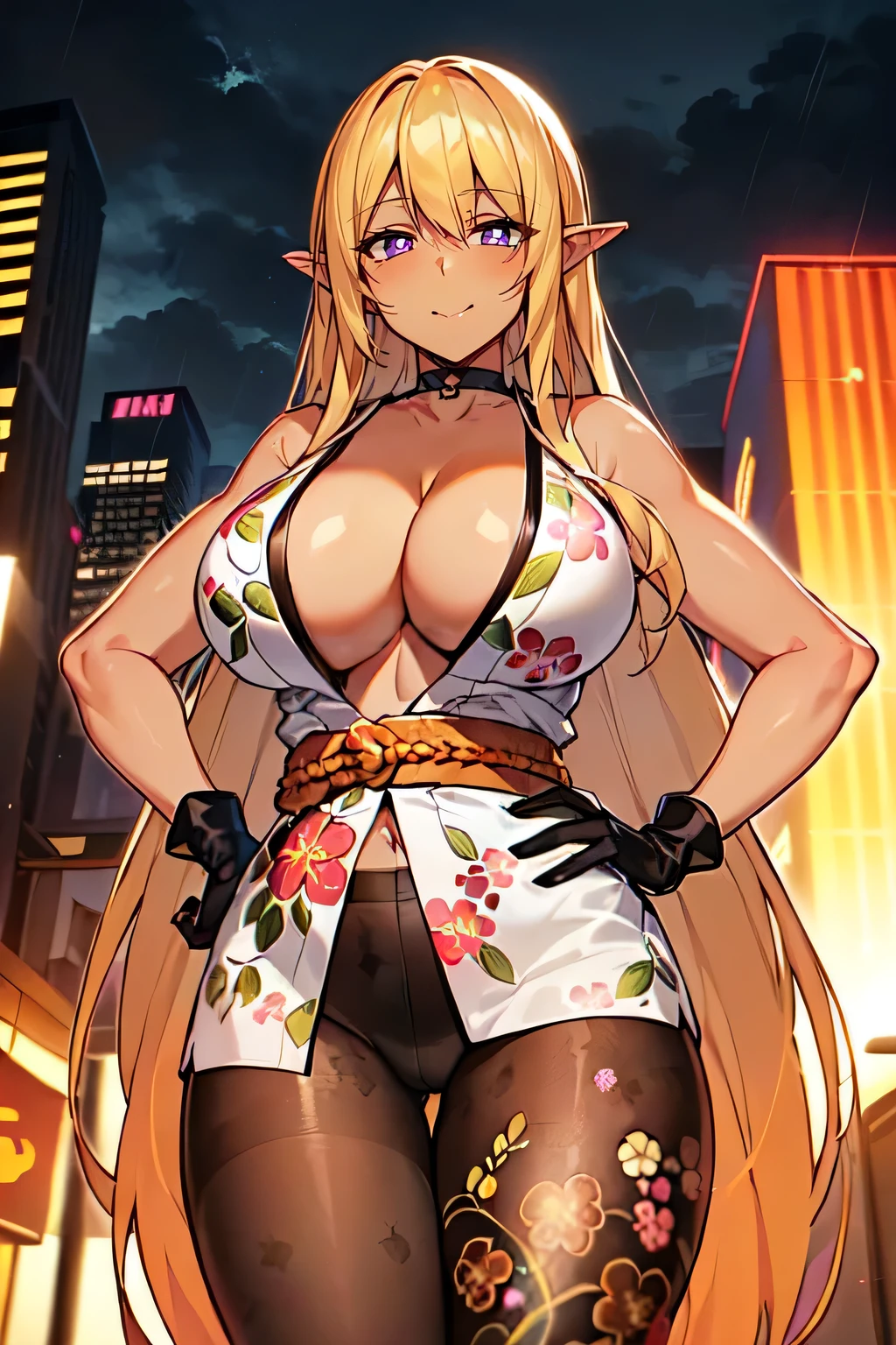 masterpiece, high quality, Very detailed, One girl, Mature Woman, alone, (Dark brown skin:2), (Huge breasts:1.2), ((((Blonde), Very long hair, good, Purple eyes, elongated pupils, Pointed Ears))), Red lips, (((clavicle, Orange kimono, Printed kimono, Floral print, Black gloves, Black Pantyhose))), ((A light smile), Mouth closed), ((Put your hands on your hips, Cityscape, Dark Sky, Storm Clouds))