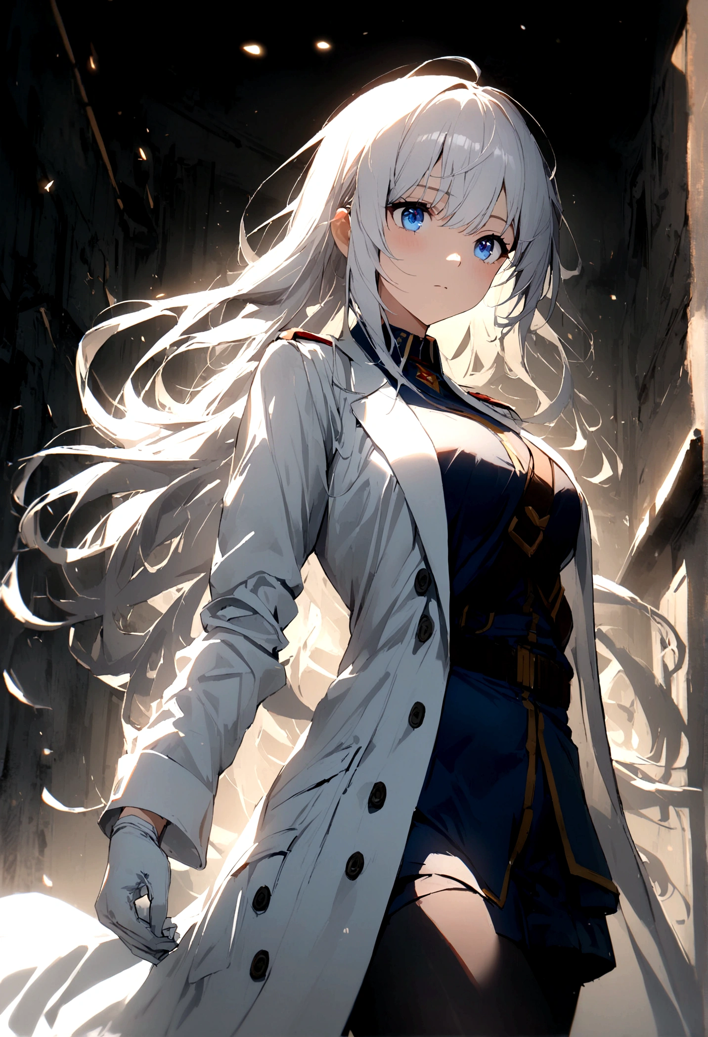 1girl, military uniform, white lab coat, lab coat, white glove, long hair, blue Eyes,