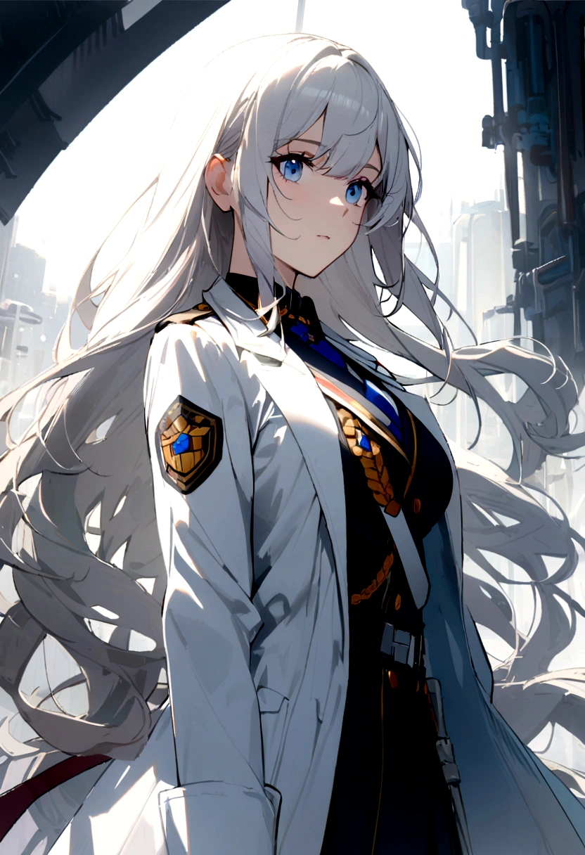 1girl, military uniform, white lab coat, lab coat, white glove, long hair, blue Eyes,