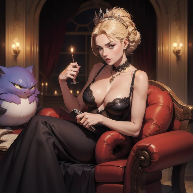 Evil queen, queen's cap, tails, wearing a bikini, purple eyeshadow, greeneyes, sitting down, beachfront, on a lawn chair, work of art, best qualityer