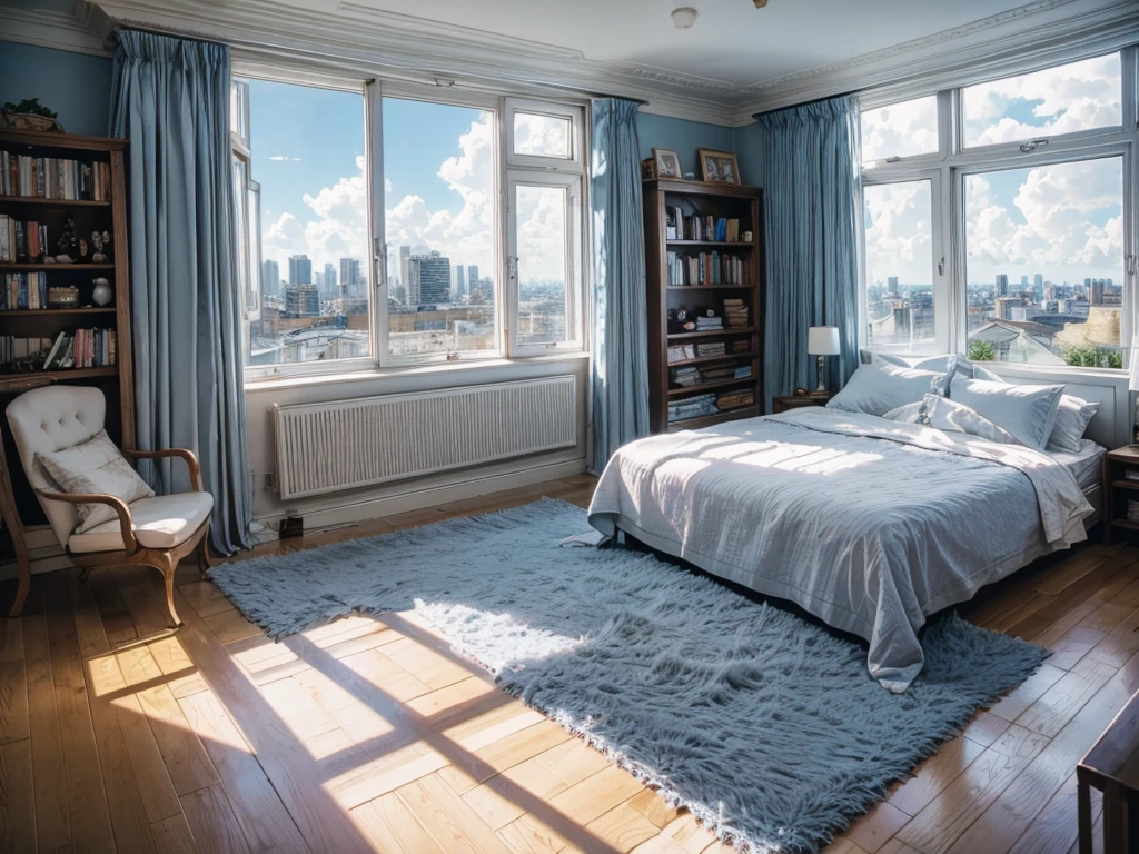8K HD,Blue sky and white clouds,Glass House,Glass House,There is a big pink bed in the room,There is a table here,TV,There is a bookcase,Pink Curtains,Large glass windows all around,Overlooking the panoramic view,The most important thing is to have a big bed,Outside the window is the city scenery and tall buildings