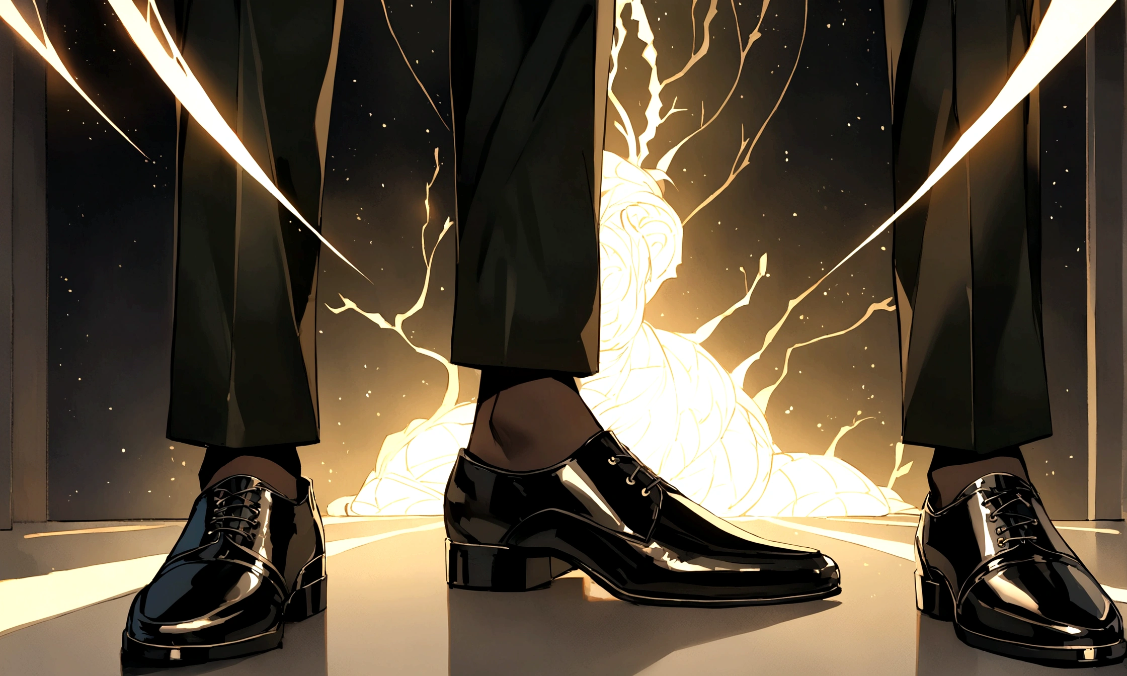 son of loki, green eyes, short black shaved mullet style haircut. wearing formal black shirt with green details, black pants, black shoes, full body image