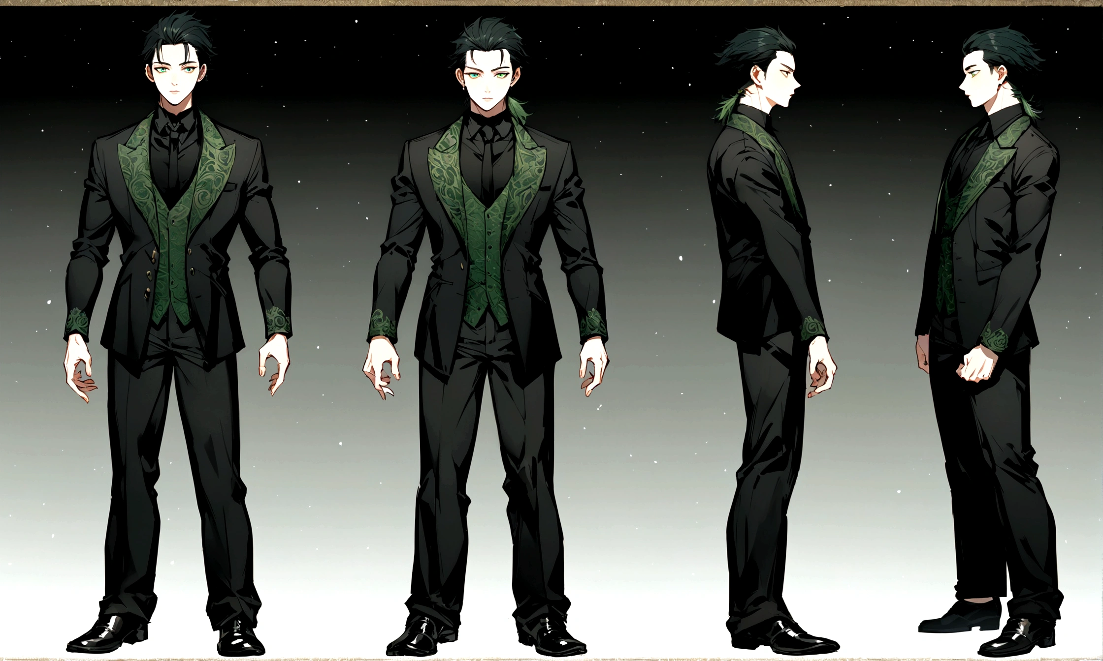 son of loki, green eyes, short black shaved mullet style haircut. wearing formal black shirt with green details, black pants, black shoes, full body image
