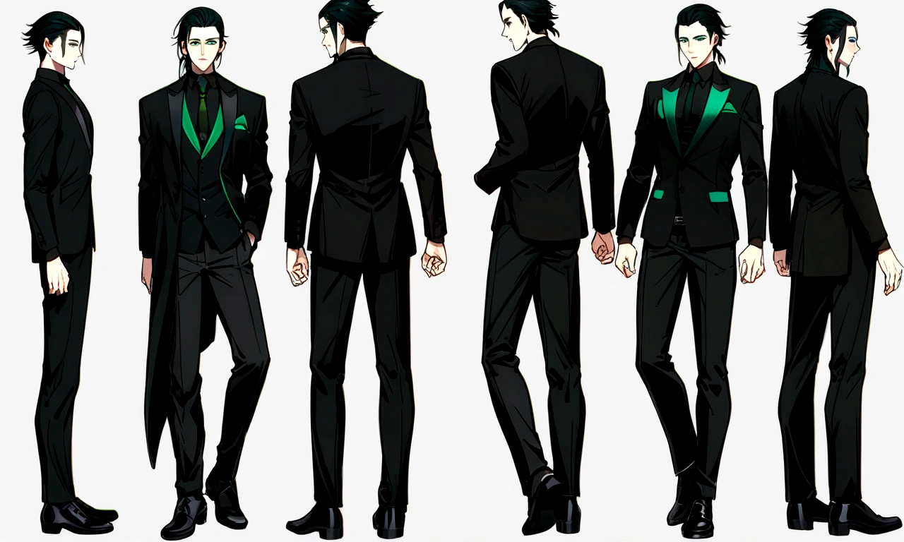 son of loki, green eyes, short black shaved mullet style haircut. wearing formal black shirt with green details, black pants, black shoes, full body image