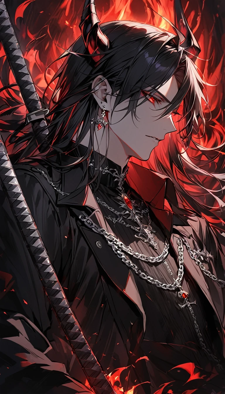 alone, good looking, 1 male, Long hair, Middle parted, Black hair, Red eyes, Black shirt, White Thailand, Black Trench Coat, Royal Silver Jewellery, Royal Demon Earrings, Black horns, Demon Crown, Demonic Katana, Chain, On Back, Demonic Black flames Aura, Side profile, fallen angel