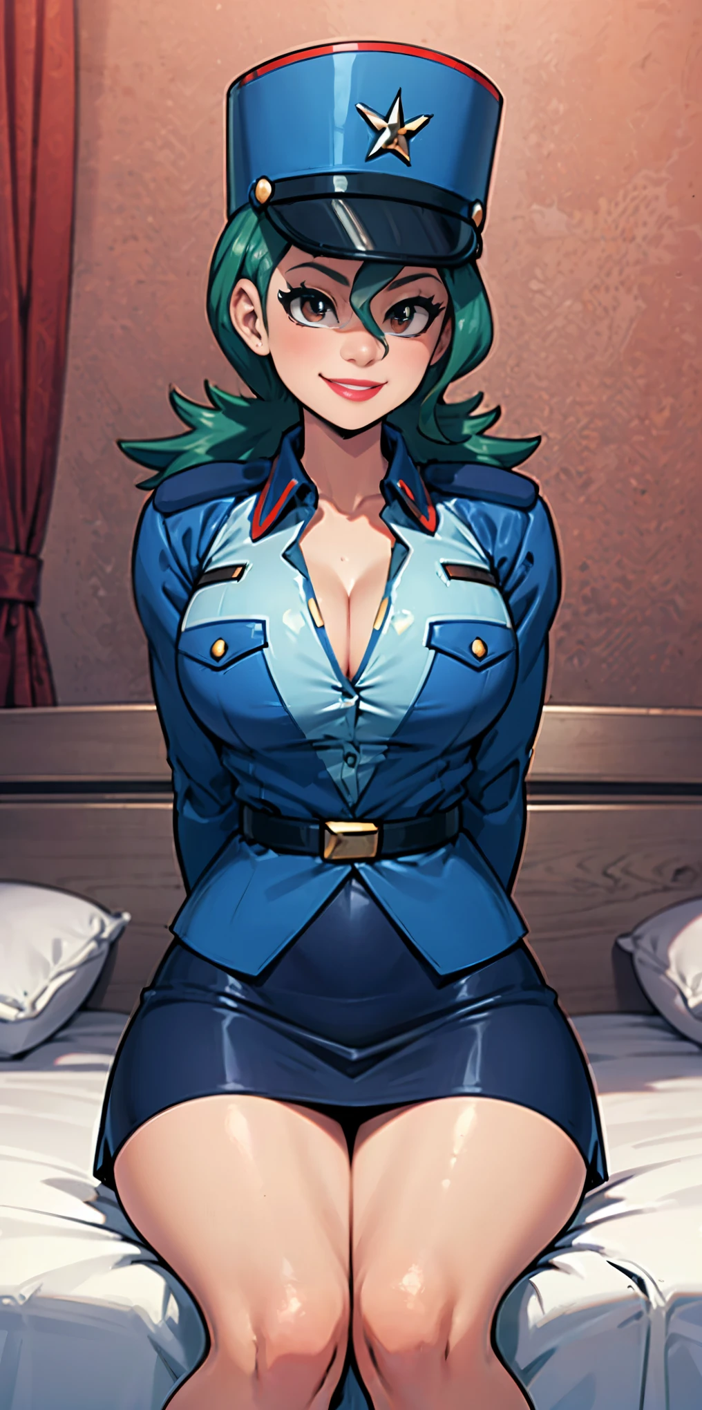 Jenny-pokemon sitting on bed, goregous police woman, sitting, perfect legs ((arms behind back)) unbutton shirt, busty, colossal cleavage, lipstick, smiling, police cap ((plain background:1.3))