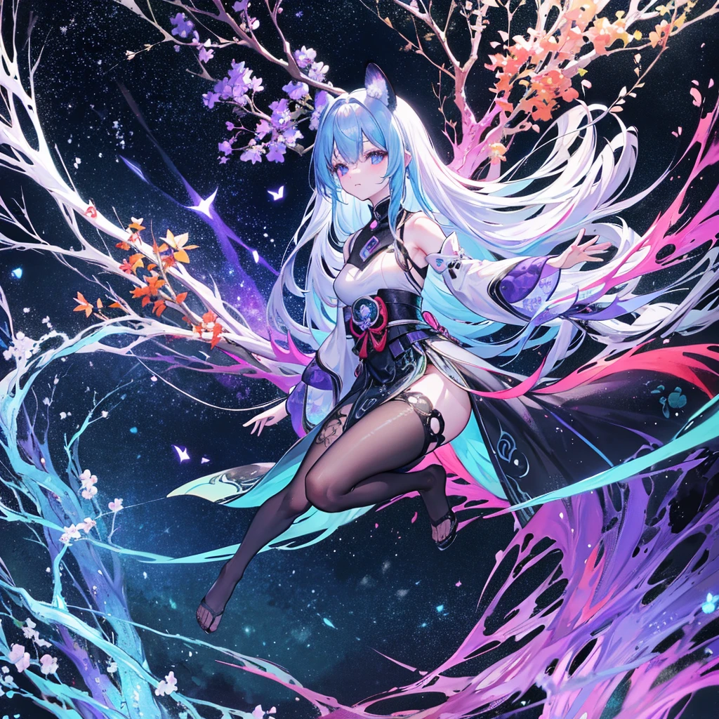 Black light、濃いgreenと紫、Bioluminescent Japanese fantasy tree of life with red pandas in fairy tale world style、Space galaxy background、White Gold Leaf Metallic Ink、Highly detailed leaves、A tree of life with branches shaped like red pandaade of purple leaves、green、From the stars and moon in the sky with galaxy colors on black。