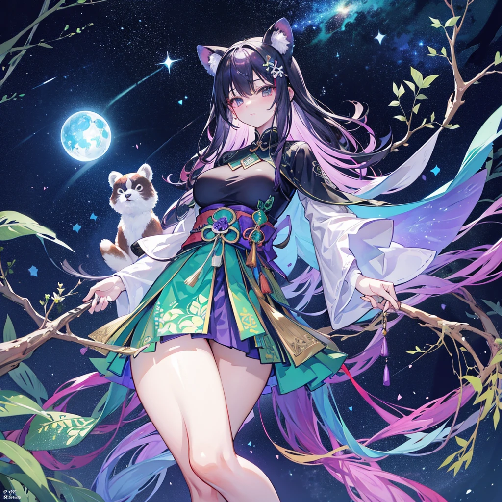 Black light、濃いgreenと紫、Bioluminescent Japanese fantasy tree of life with red pandas in fairy tale world style、Space galaxy background、White Gold Leaf Metallic Ink、Highly detailed leaves、A tree of life with branches shaped like red pandaade of purple leaves、green、From the stars and moon in the sky with galaxy colors on black。
