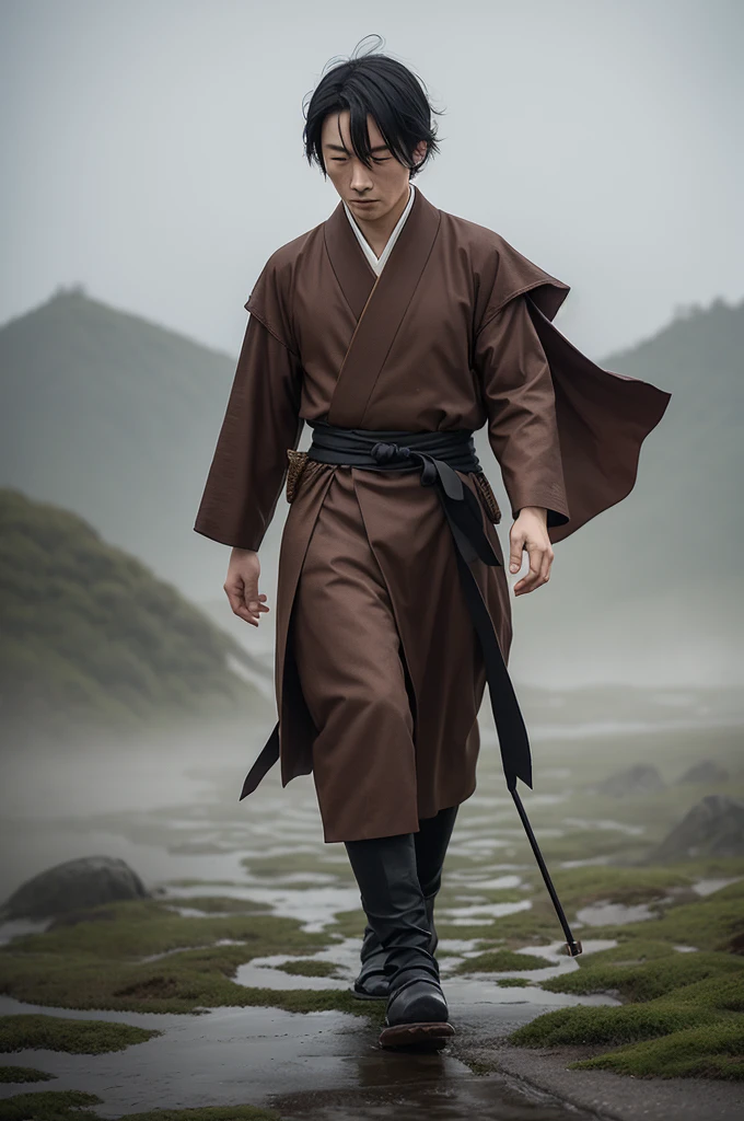 Create an image of a Japanese man walking across a gloomy landscape with mixes of middle ages Japan and England