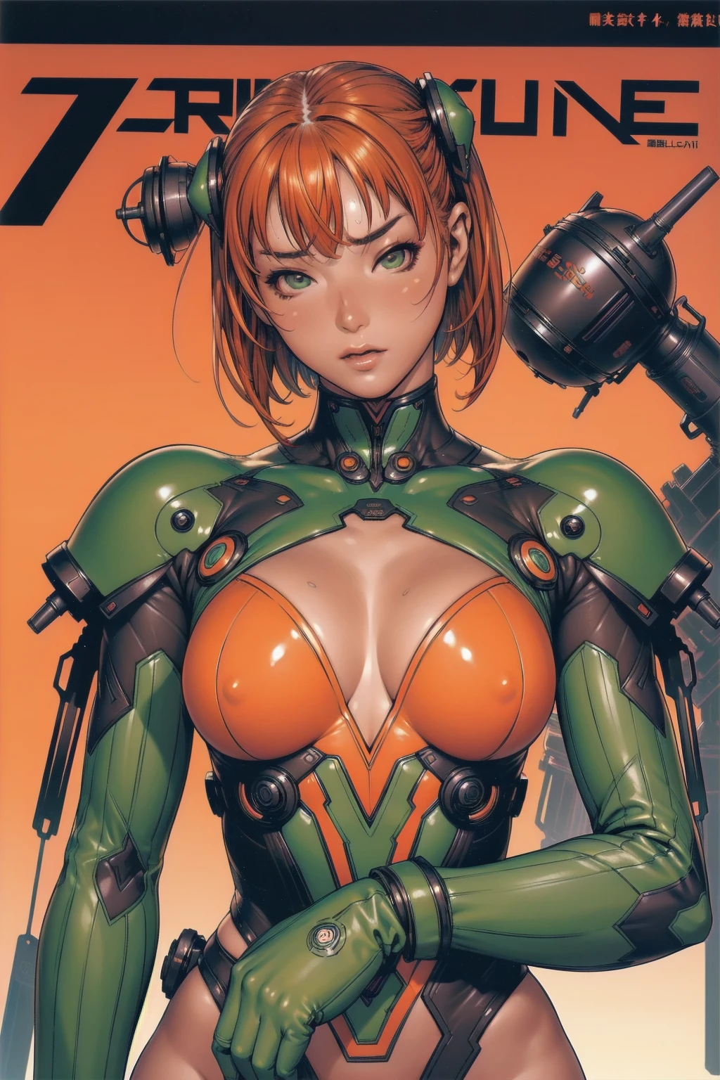 ((best qualityer)), (((Bettie Page))), (((clothes 100% fluorescent green))), (((slim))), (Muscles), (((praying mantis suit))), (((kamen rider))), (((pin-up))), ((Perfect masterpiece)), (detailded: 1.4), (absurdrez), (((Bob Hair))), (((full body fitness, )), (((orange hair woman, blushful))), 21 year old woman, beautiful sexy woman, giant robot pilot, wild with perfect corpo fitness, wearing small mecha battle armor clothes, tiny thong, Simon Bisley styled for the cover of Heavy Metal magazine, clothing with Japanese cyberpunk graphic patterns, Halftone pattern and vertical stripes, earth tone, exiting the body of a giant robot