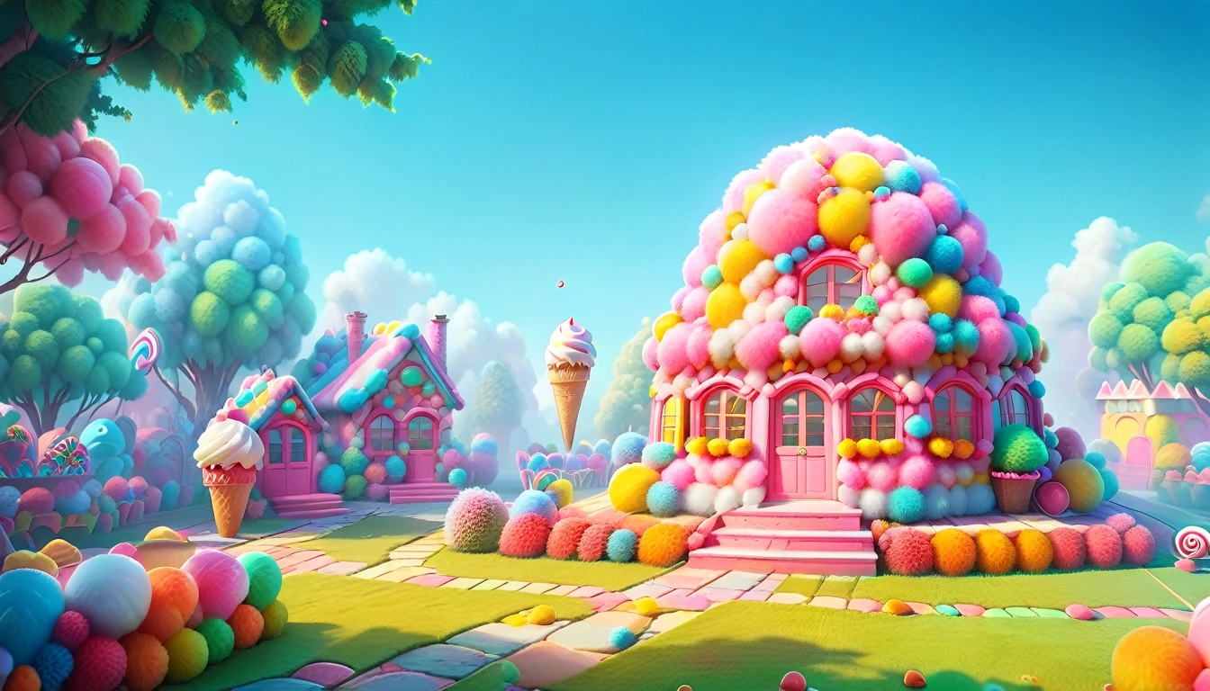 cartoon pink building，There is a pink dome and a pink ice cream cone, In a Candy Land-style house, background technology, Colorful anime background, background technologywork, anime background technology, Kawaii HD Rendering, Anime Landscape Concept Art, stylized concept art, 3 d stylize scene, 3D rendering style, Ultra-detailed colorful low-polygon art, Colorful concept art