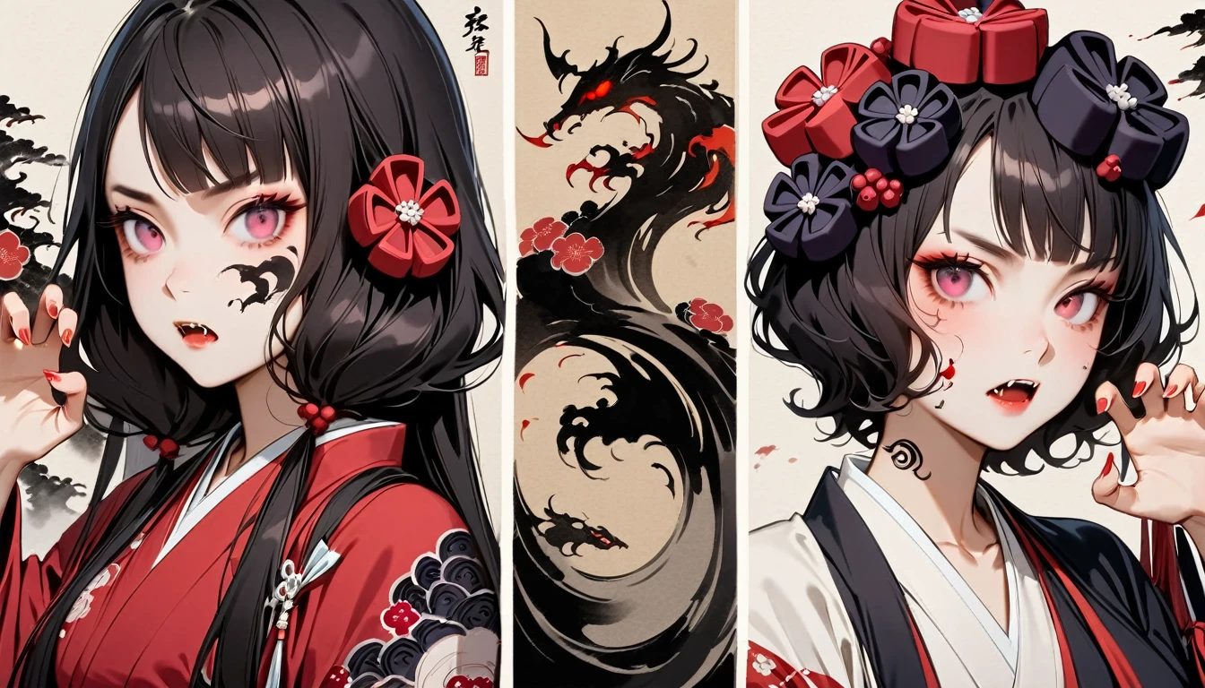 (((Horror elements))), (((TATOO on the face))), (((claw pose))), (((Highest quality))), (((Katsushika Hokusai))), (((Ink Painting))), ((very straight longhair)), ((1 girl)), ((Eyes glow red)), ((A beautiful girl possessed by a demon and showing her fangs)), Japanese style headphones, Black Hair, Delicate and precise, Modern ukiyo-e style, head shot