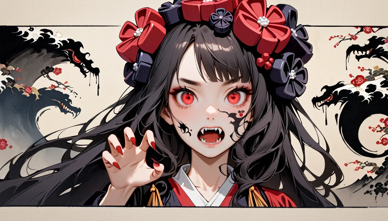 (((Horror elements))), (((TATOO on the face))), (((claw pose))), (((Highest quality))), (((Katsushika Hokusai))), (((Ink Painting))), ((very straight longhair)), ((1 girl)), ((Eyes glow red)), ((A beautiful girl possessed by a demon and showing her fangs)), Japanese style headphones, Black Hair, Delicate and precise, Modern ukiyo-e style, head shot