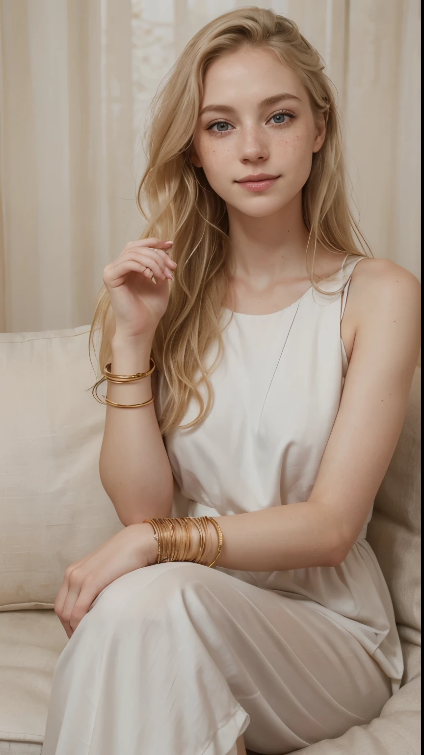 a one woman, americana, age 25, pale skin and freckles, grey-eyed, delicate nose, soft and delicate lips, distant, distant, wavy, waist-length blonde hair, Sweet smile, face with delicate feminine facial features, Highly Rendering, golden bracelet