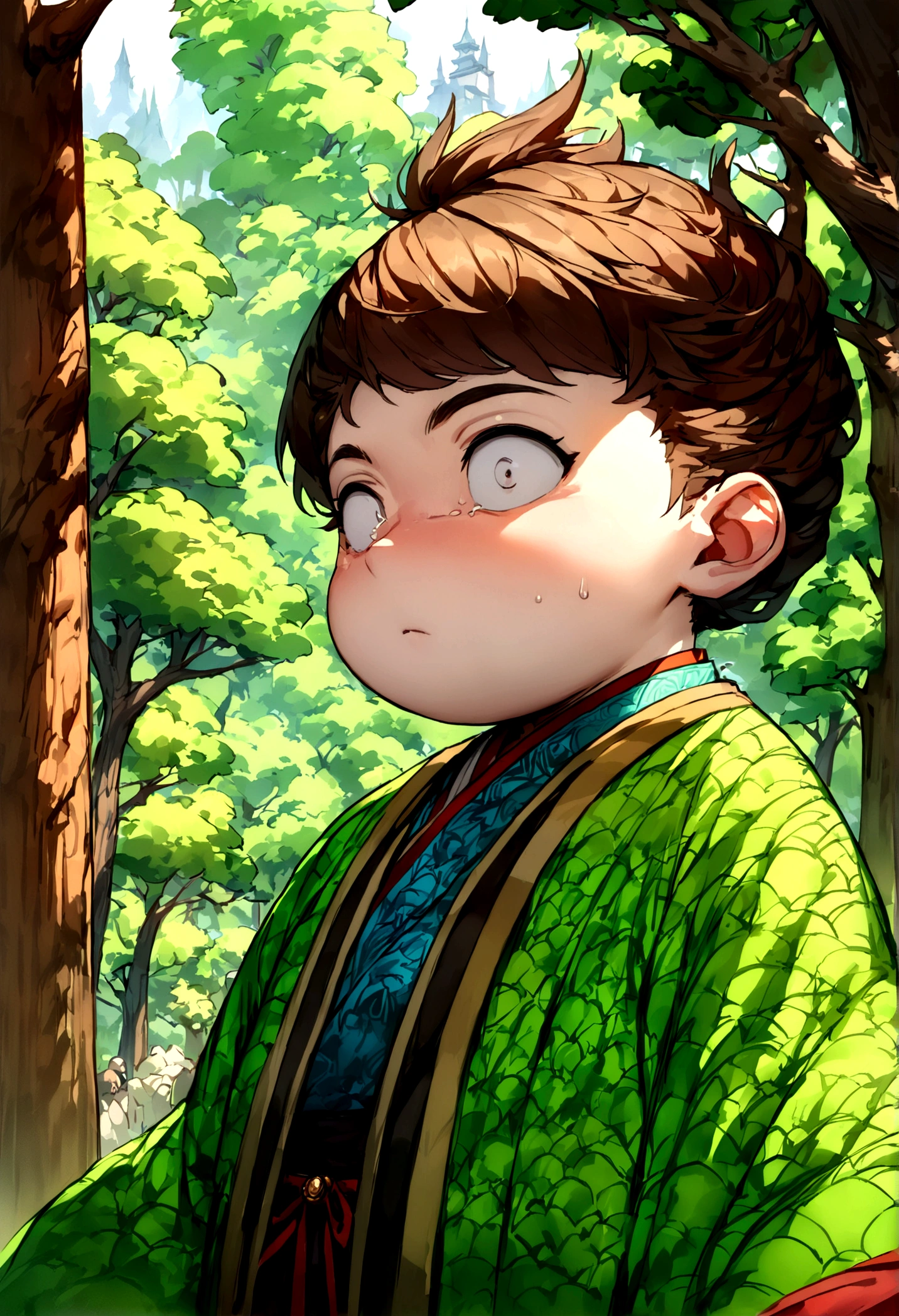 (masterpiece), (best quality), Cinema quality，Rendered by Octane，extreme detailed details，1 person，A young man&#39;s face，Facial details，Perfect facial features,(Trees are growing like crazy:1.5)，map，wood chips，splash，The air is filled with green toxic gases，particle，vines flying， gaze, Watch the audience, Chinese Hanfu,（ （Behind him，There is a huge jade plate：1.5，plate，antique，Pattern）