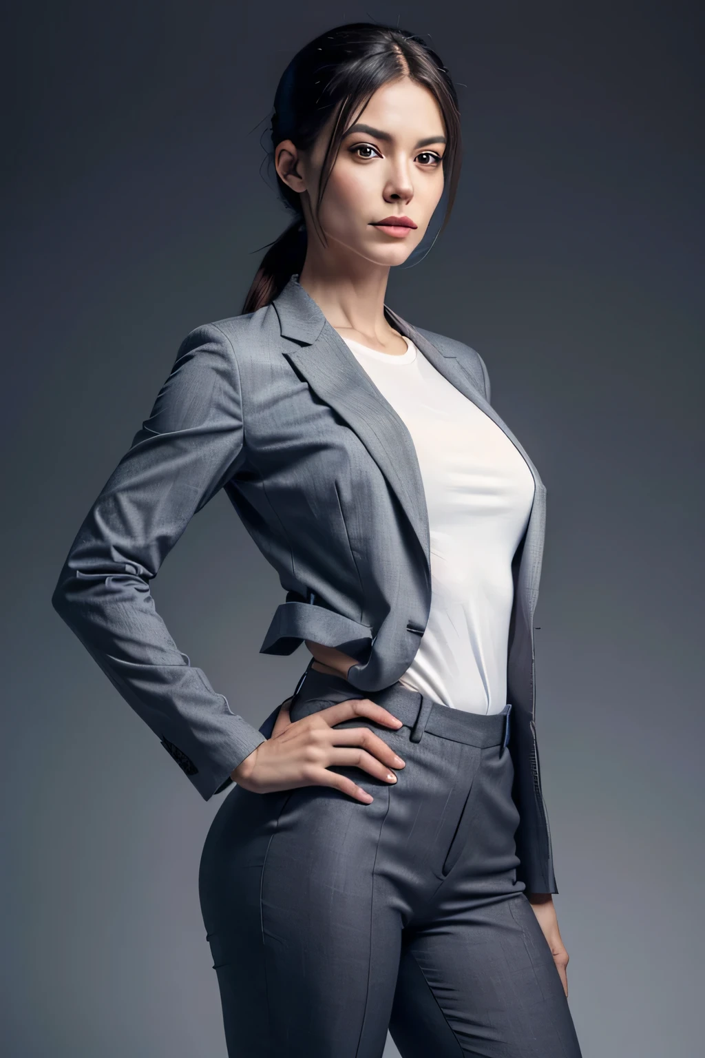 Portrait of a woman as a CEO, tailored gray tailored suit, blazer, pants, turned body, small waist, high cheekbones, thick lips, ponytail with side bangs, high, white t-shirt, Realistic Violet Parr