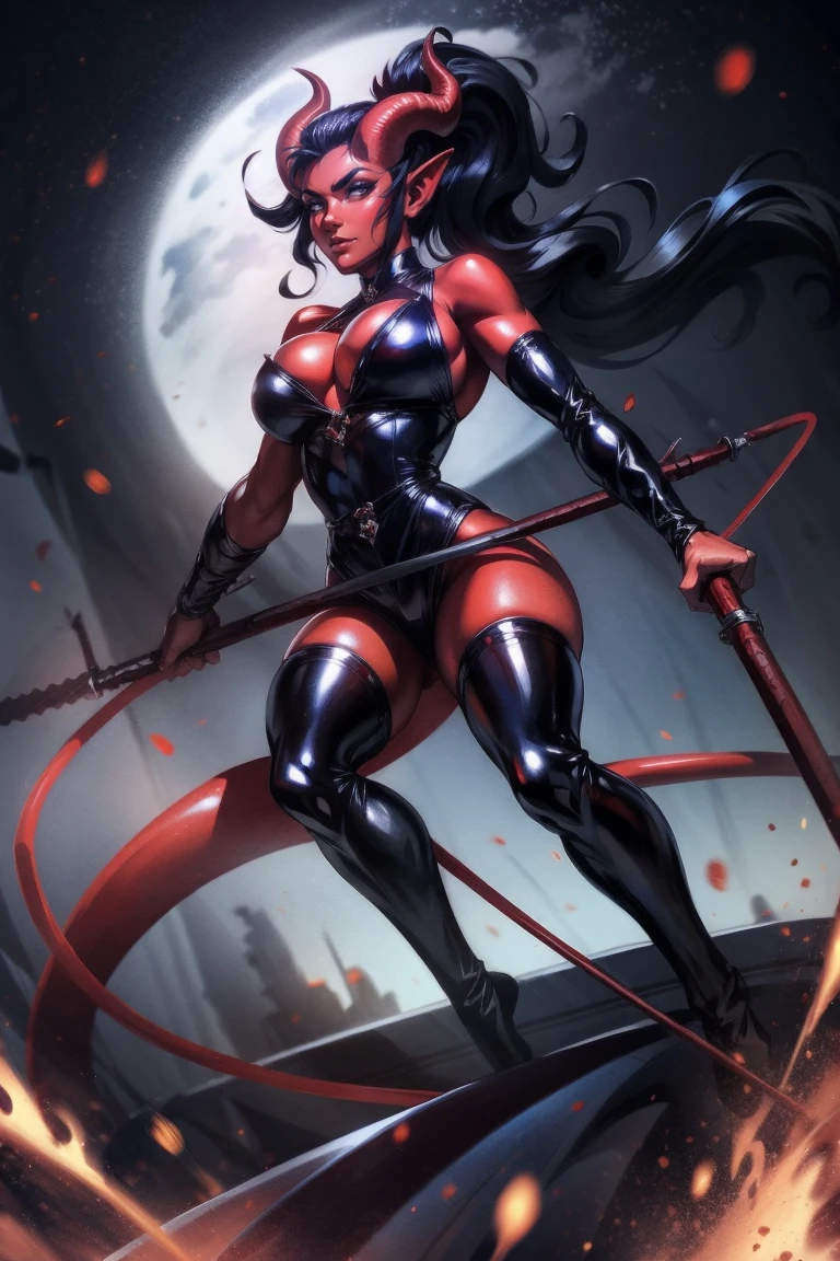 Red skin succubus tiefling, medium breasts, black horns, wings, huge tail, black leather, tall, athletic, graceful, thin, long black ponytail. Action scene, whip. Dark scene, explosions, night sky.