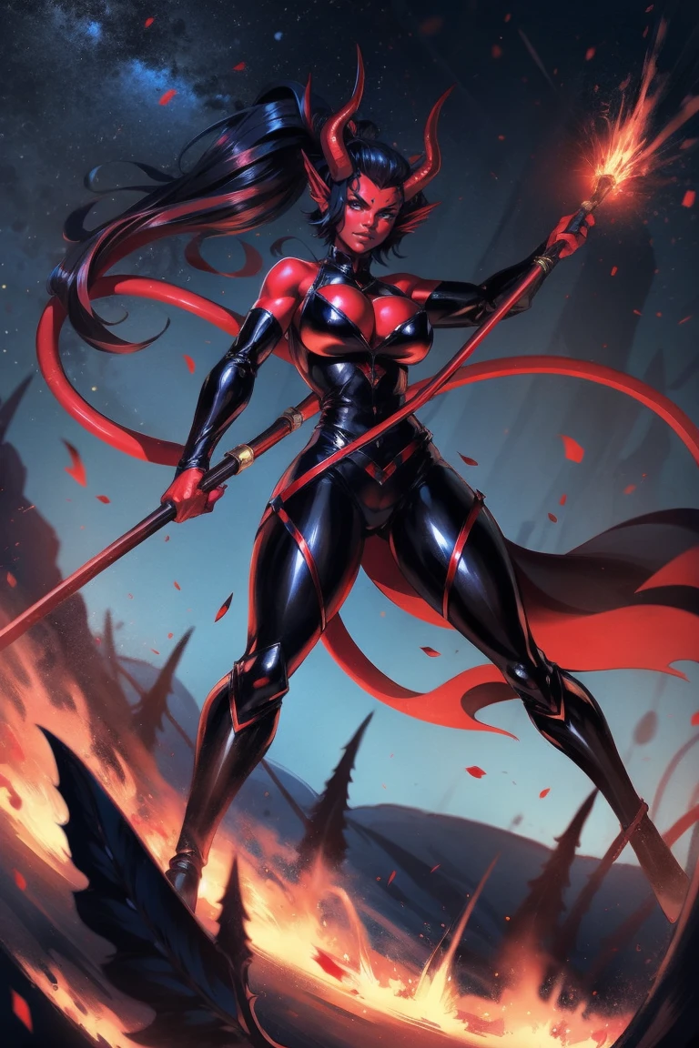 Red skin succubus tiefling, medium breasts, black horns, wings, huge tail, black leather, tall, athletic, graceful, thin, long black ponytail. Action scene, whip. Dark scene, explosions, night sky.