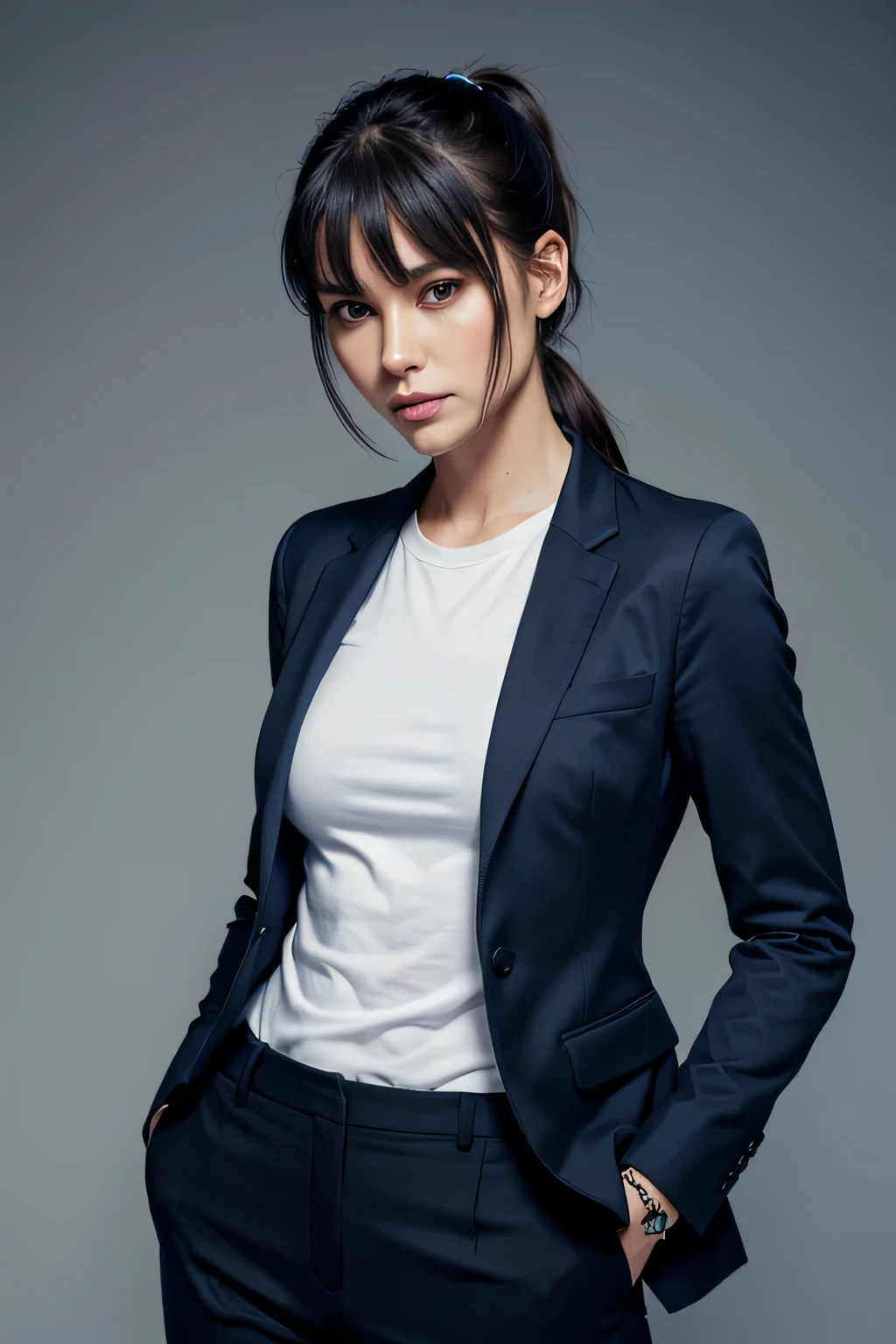 Portrait of a woman as a CEO, tailored dark blue tailored suit, blazer, pants, turned body, small waist, high cheekbones, thick lips, ponytail with side bangs, high, white t-shirt, Alizée