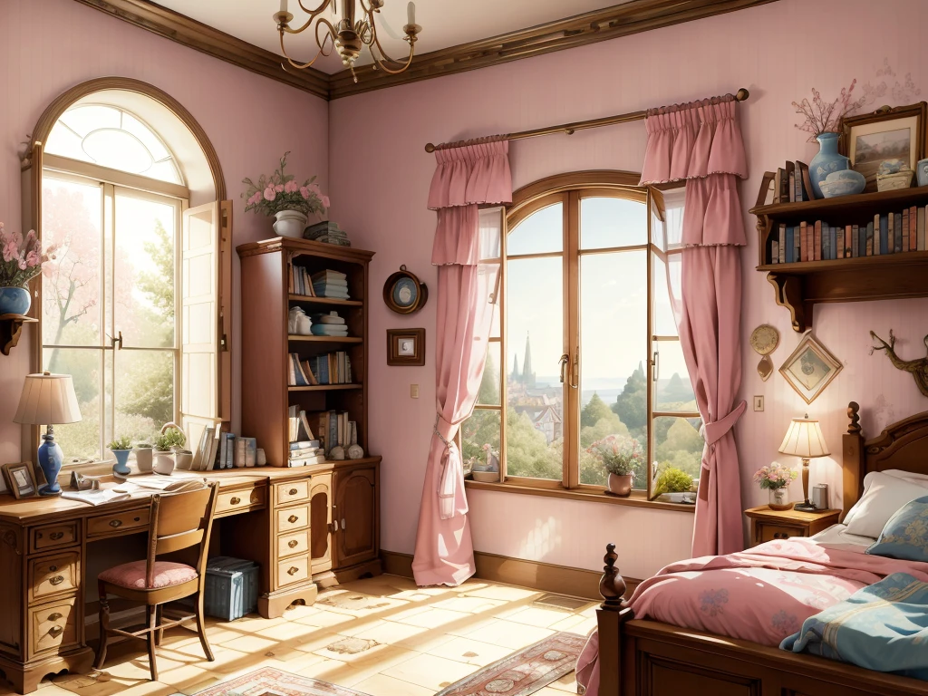 8K picture quality，best quality，masterpiece，HD，Super rich detail，detailed，Cosy bedroom，Big windows，Floor-to-ceiling windows，Big bed，notebook，There is a cabinet next to it，There are chairs，There are flowers，There is a wardrobe，There is a table and chairs，There are a lot of books，There was a full queen size bed，The body is very comfortable，extremely clean，Very informative，Big windows，The view from the window，There is a staircase connection，There is a ladder indoors，ladder，超HD逼真，Pink，Strong sense of reality，There is a ladder in the room，The key is to have a ladder，