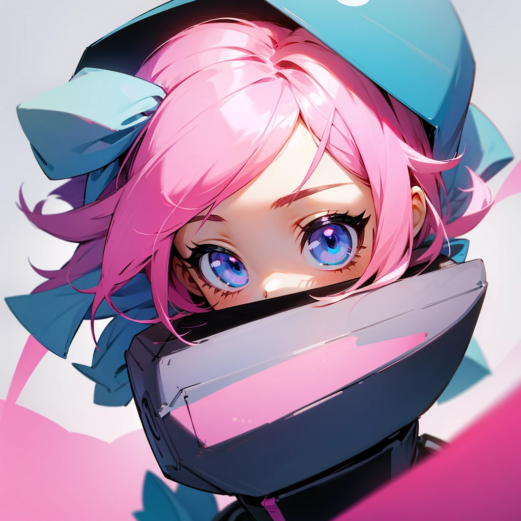Pink hair girl with blue eyes with one eye with a happy chibi x