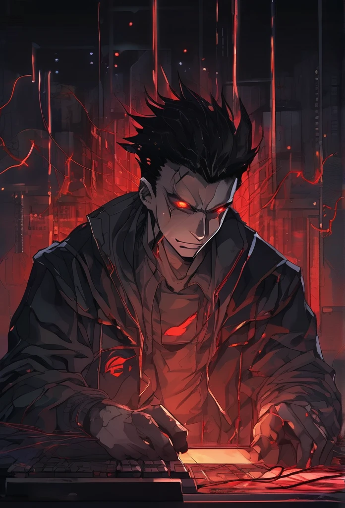 anime man with a dark and brooding demeanor, with glowing red eyes and a malicious grin, into a powerful computer with visible electric currents flowing through his body, while ominous shadows surround him, (sinister:1.2), (dark and moody lighting), (ominous atmosphere), (contrast between light and darkness), horror