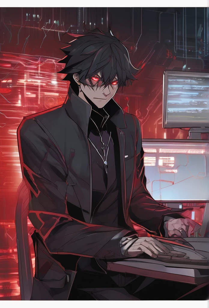 anime man with a dark and brooding demeanor, with glowing red eyes and a malicious grin,  into a powerful computer  with visible electric currents flowing through his body, while ominous shadows surround him, (sinister:1.2), (dark and moody lighting), (ominous atmosphere), (contrast between light and darkness), horror