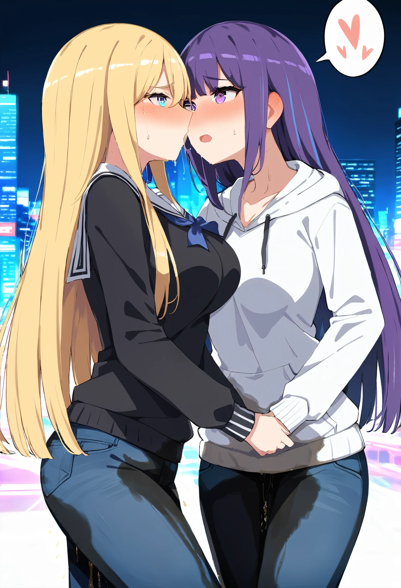 (masterpiece:1.37), best quality, (extremely detailed:1.37), 2girls, kiss, yuri, woman, (:1.5), (adult:1.5), large breast long hair, (straight hair:1.5), dark purple hair, blonde hair, purple eyes, blue eyes, (extremely detailed eyes:1.37), hoodie, jeans, desperation, (wetting self:1.5), standing, embarrassed, humiliation, blushing, angry, city, futuristic, neon lighting, high-tech, street, skyscraper