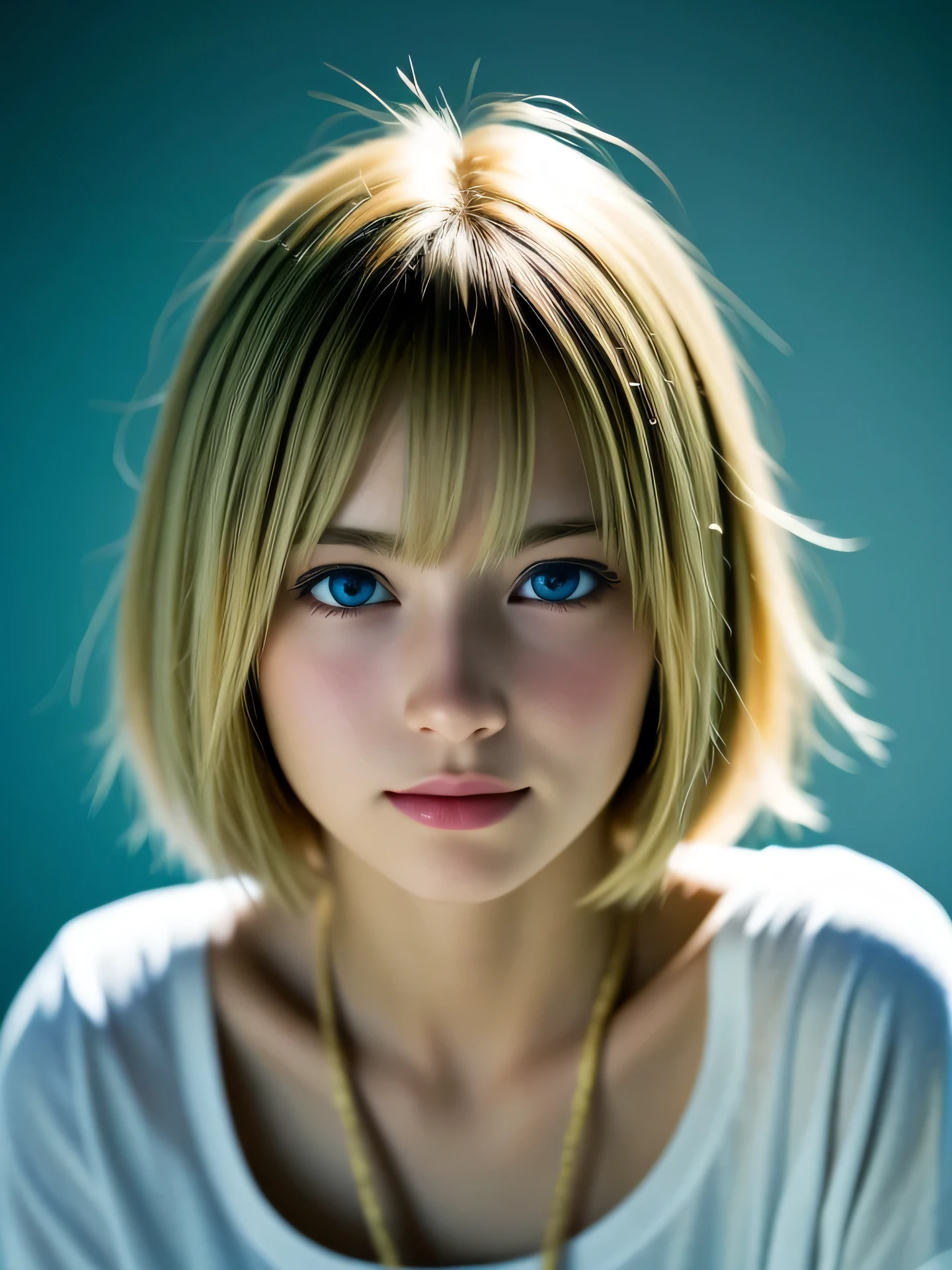 (Photo Real:1.4), (hyper realisitic:1.4), (Smooth lighting:1.05), 1 girl, teenager, blue eyes, happy, shy, smile, (looking away:1.2), Close-up of the face, Soft lighting, Back lighting, (Finest Real Textured Skins), Super fine face, glowy skin, retinas, Anatomically correct, (Blonde short Hair:1.1), bangs, Textured skin, High quality, high details, Best Quality, High resolution, T- shirts