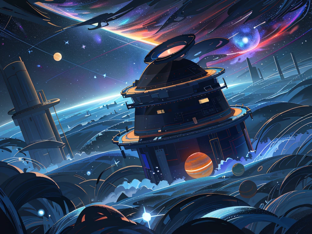 Blue night sky，Universe。Star，月球planet, Black Hole, Space satellites，stellar，planet，meteor，Various nebulae，galaxy，The vast stellar universe also includes spaceships and space stations