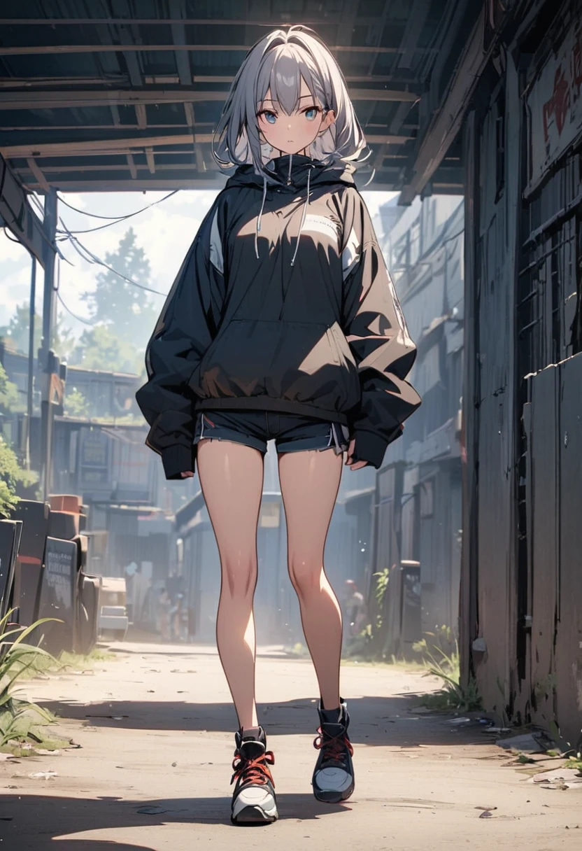 Beautiful girl standing full body wearing shorts