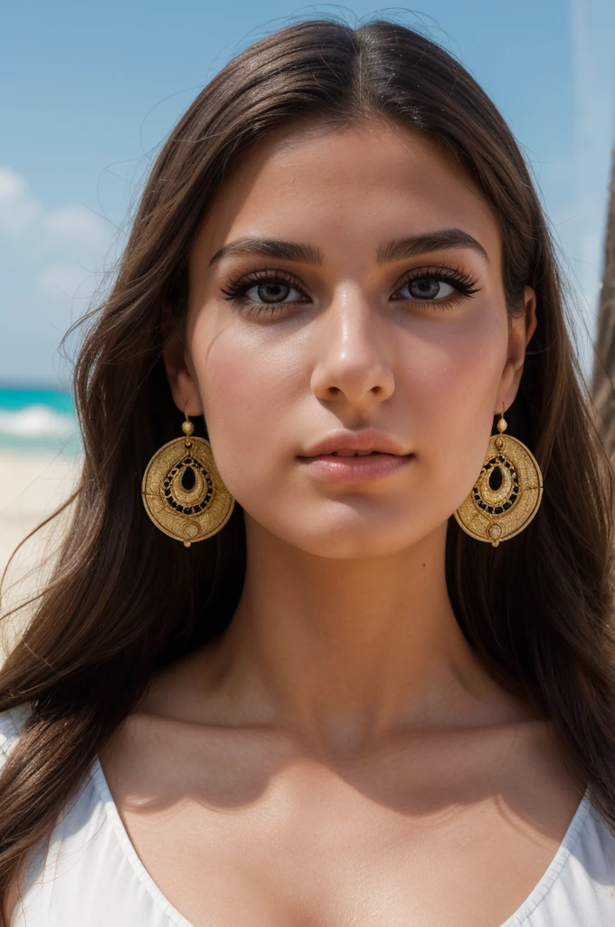 A young Italian woman on the beach, beautiful  face, eyes large, big eyelashes, soft skin, long hair, Large earrings, 比基尼, goddess, pose sexy, (best quality, 4K, 8K, highres, masterpiece:1.2), ultra-detailed, (realistic, photorealistic, photo-realistic:1.37), half upper body, eye level