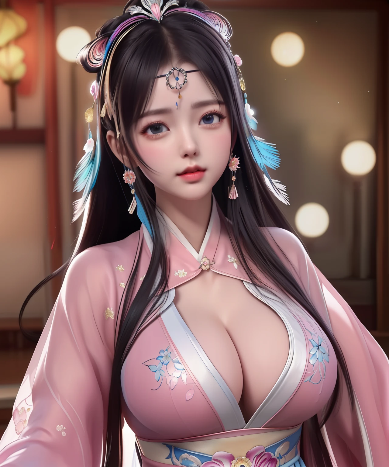 
(8k, RAW photo:1.2), best quality, ultra high res,dramatic angle,(fluttered detailed color splashs), (illustration),(((1 girl))),(long hair),(rain:0.9), (Headdress:1.4),There is an ancient palace beside the girl,Hanfu,(Key Points),Color ink painting,(Splash of Color),Splash of Color,(((colorful))),(sketch:0.8) , Masterpiece, best quality, beautiful painted, highly detailed,(denoising:0.6),[splash ink],((ink refraction)), (beautiful detailed sky),moon,highly,detaild,(masterpiece, best quality, extremely detailed） CG Unity 8k Wallpaper，masterpiece，best quality，Ultra Detailed），（Lycoris）.shoulder ballet dress open V-chested clothes Thin silk lace dress short skirt , (huge ，cleavage),, white pink, blue ，best qualtiy，tmasterpiece，Ultra-high resolution，（Reality：1.4），RAW photogr，（True skin texture：1.3），（filmgrain：1.3），（Selfie angle），1个Giant Breast Girl
