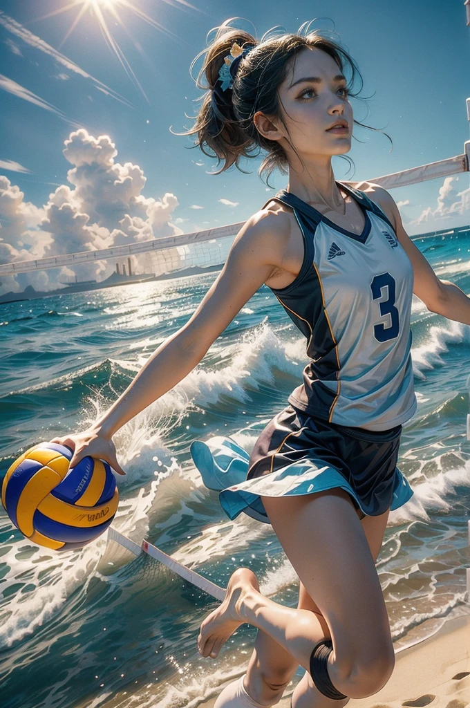 (((best quality))), (((ultra detailed))), (((masterpiece))), illustration, ((a beautiful girl,volleyball player,solo)),((slim,thin)),((small breasts,flat chest)),(short ponytail:1.2),beach, sea, sand,(holding a volleyball:1.5), girl's attire, sun, waves, shore, foam, summer, afternoon, gold sand, vibrant attire, athletic build, sleeveless, short skirt, sports tank top, toned legs, nimble fingers, precise movements, agile arms, teammates, synchronized gameplay, exciting spectacle, onlookers, sand, clear sky, azure, powder blue, white waves, crashing waves, laughter, beachgoers, symphony, essence, summer, seaside, determination, skill, quick reflexes, strategic thinking, victory, infectious energy, unwavering spirit, , joy, youthful exuberance, timeless reminder, magic of summer,((from front,upperbody))
