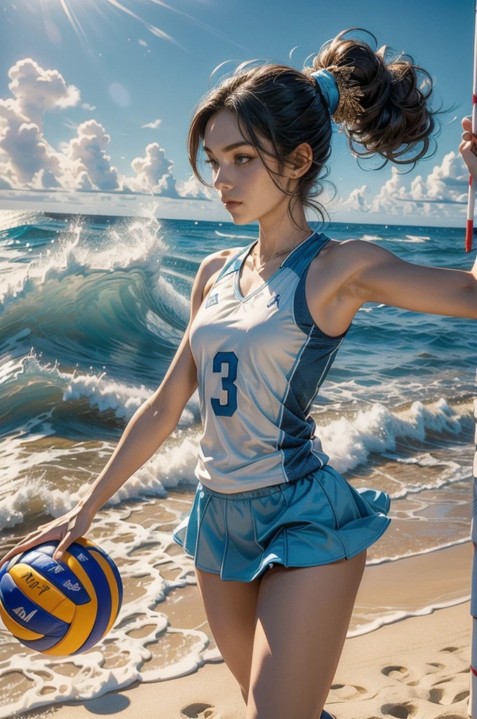 (((best quality))), (((ultra detailed))), (((masterpiece))), illustration, ((a beautiful girl,volleyball player,solo)),((slim,thin)),((small breasts,flat chest)),(short ponytail:1.2),beach, sea, sand,(holding a volleyball:1.5), girl's attire, sun, waves, shore, foam, summer, afternoon, gold sand, vibrant attire, athletic build, sleeveless, short skirt, sports tank top, toned legs, nimble fingers, precise movements, agile arms, teammates, synchronized gameplay, exciting spectacle, onlookers, sand, clear sky, azure, powder blue, white waves, crashing waves, laughter, beachgoers, symphony, essence, summer, seaside, determination, skill, quick reflexes, strategic thinking, victory, infectious energy, unwavering spirit, , joy, youthful exuberance, timeless reminder, magic of summer,((from front,upperbody))
