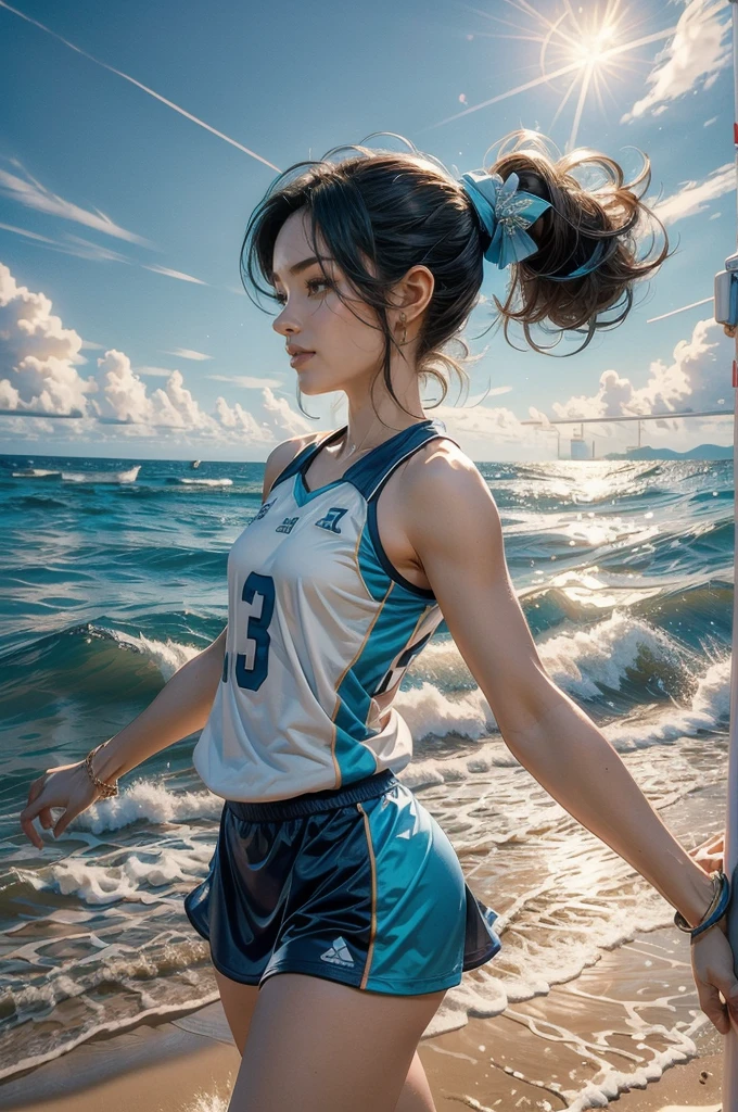 (((best quality))), (((ultra detailed))), (((masterpiece))), illustration, ((a beautiful girl,volleyball player,solo)),((slim,thin)),((small breasts,flat chest)),(short ponytail:1.2),beach, sea, sand,(holding a volleyball:1.5), girl's attire, sun, waves, shore, foam, summer, afternoon, gold sand, vibrant attire, athletic build, sleeveless, short skirt, sports tank top, toned legs, nimble fingers, precise movements, agile arms, teammates, synchronized gameplay, exciting spectacle, onlookers, sand, clear sky, azure, powder blue, white waves, crashing waves, laughter, beachgoers, symphony, essence, summer, seaside, determination, skill, quick reflexes, strategic thinking, victory, infectious energy, unwavering spirit, , joy, youthful exuberance, timeless reminder, magic of summer,((from front,upperbody))
