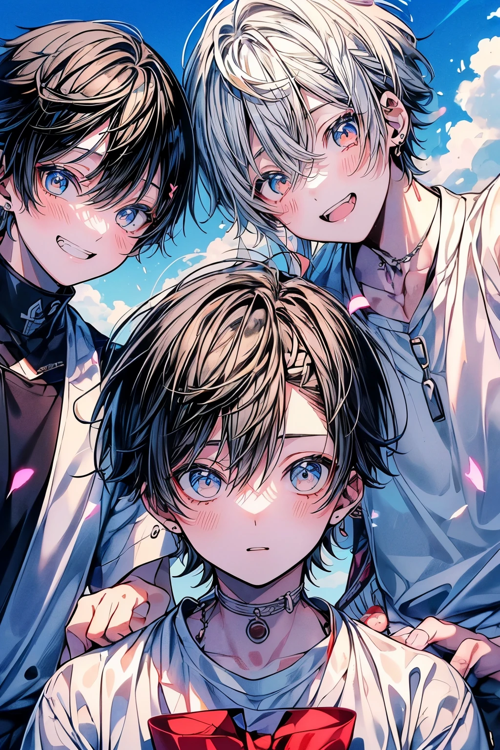 (Mastepiece), (Best Quality), Very detailed, (Two friendly boys:1.5),High school boys、Shooting from below、Solo Shooting,Perfect Face, Beautiful Face, Very detailed顔,(黒髪のHigh school boys1人:1.3),(白髪のHigh school boys1人:1.3)、(short hair:1.3)、(Happy Face:1.4),(Laughing with your mouth open:1.3),(Short-sleeved white shirt:1.4)、(Windになびく髪:1.uth:1.3)、The atmosphere that seems to disappear,(blue sky_cumulonimbus)、summer、ephemeral、Sweat、Wind、sunlight