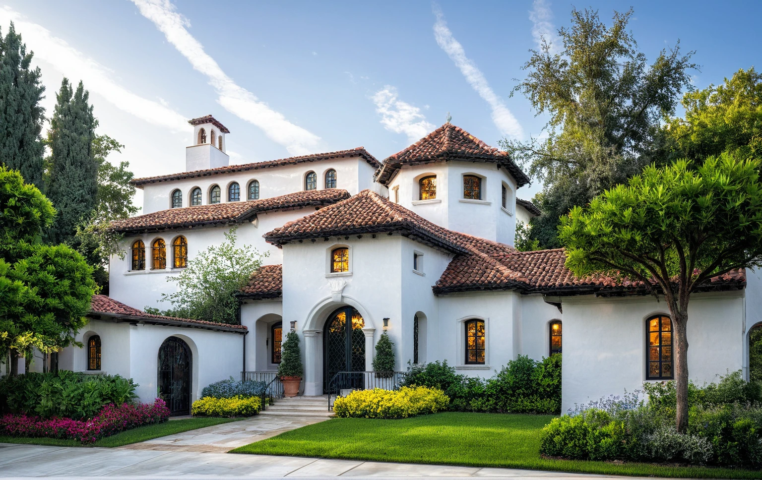 (RAW photo, masterpiece, best quality,ultra-detailed, extremely delicate and beautiful, highresolution, best shadow:1.1), A Mediterranean Italian style home with white stucco walls, black accents and windows, large front yard, vivid color, beautiful shrubs and flower, tropical tree and plants, professional photography in the style of an Italian classic home.