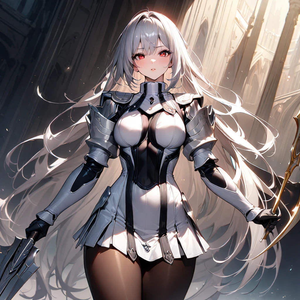 highres, Adult female, ((detailed)), soft lighting, (color contrast), full body, Long white hair, brown eyes, rabbit ears, rabbit tail, fitted armor, medium breasts, brandishing a sword, on a battlefield, looking fierce, looking determined, detailed eyes, cute, toned body, sexy body, (armor, gloves, black_boots)