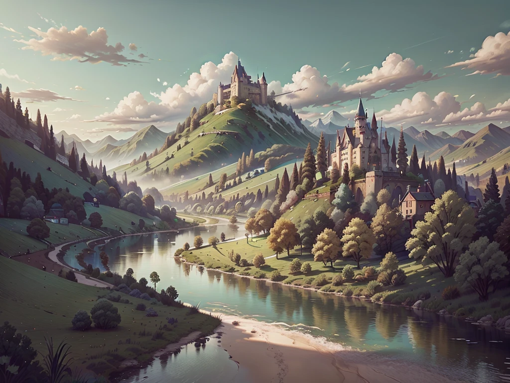 Green countryside, Blue sky and white clouds, River, River, The mountains are majestic, rivers,A fairytale castle and chalets