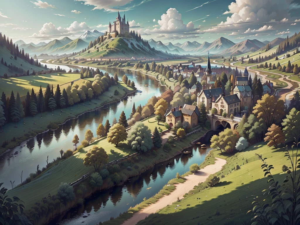 Green countryside, Blue sky and white clouds, River, River, The mountains are majestic, rivers，A fairytale castle and chalets