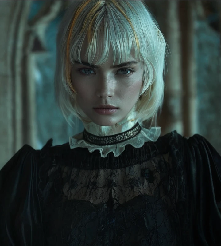 The image shows a woman with the following physical characteristics:
1. Hair
- Color: Light blonde almost white, with 2 golden strands.
- Style: Short and straight, with bangs that fall over the forehead.
2. Face:
- Skin: Clear.
- Eyes: Blue
- Expression: Serious and intense, with a penetrating gaze.
3. Clothing:
- Wear a dark blouse or dress with details on the neck.