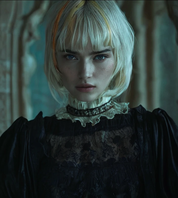 The image shows a woman with the following physical characteristics:
1. Hair
- Color: Light blonde almost white, with 2 golden strands.
- Style: Short and straight, with bangs that fall over the forehead.
2. Face:
- Skin: Clear.
- Eyes: Blue
- Expression: Serious and intense, with a penetrating gaze.
3. Clothing:
- Wear a dark blouse or dress with details on the neck.