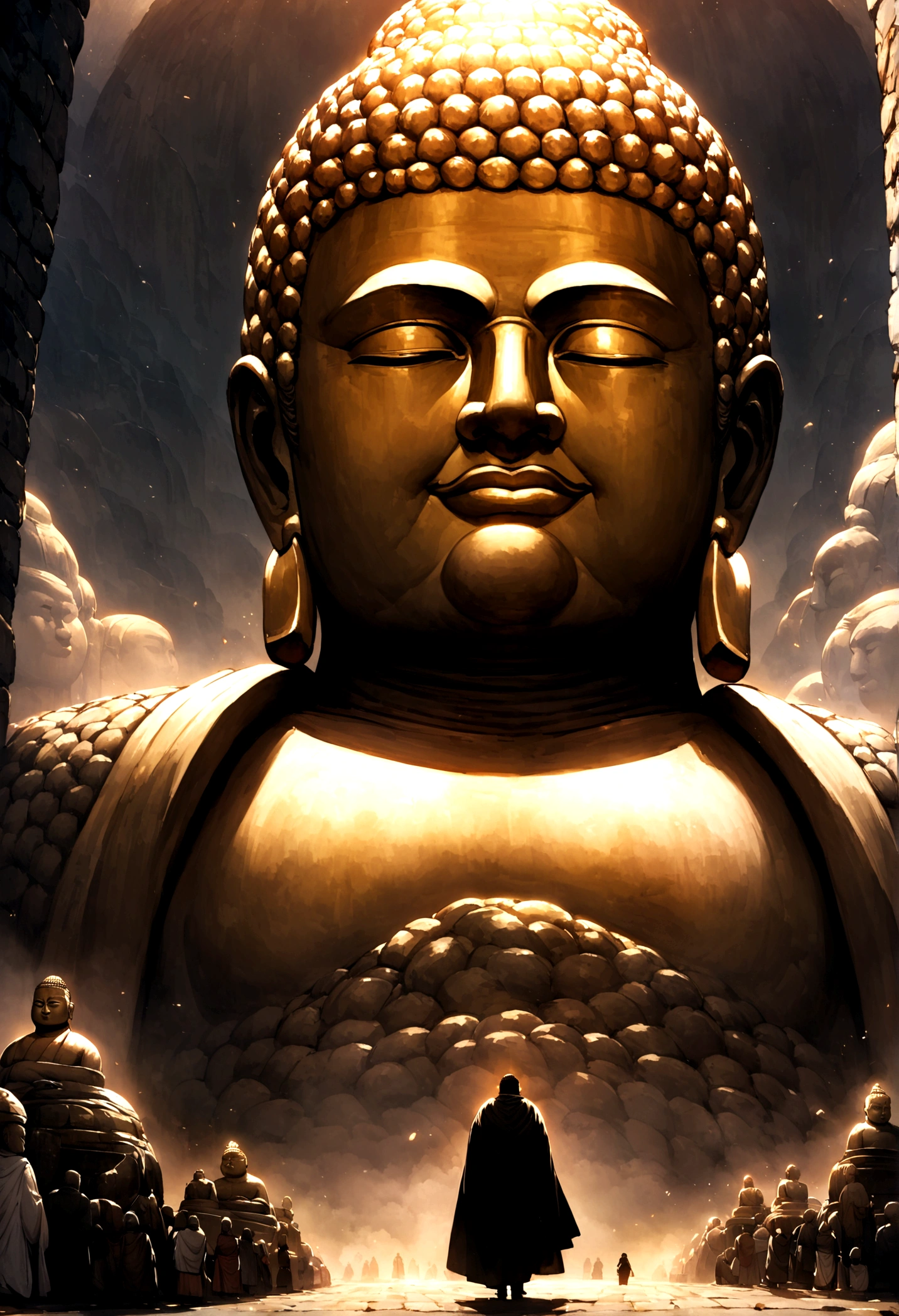 Huge Buddha statue in the distance, Stone, texture, High target, majestic, Background lit by sunlight,inverted image,side,Pilgrims on the road