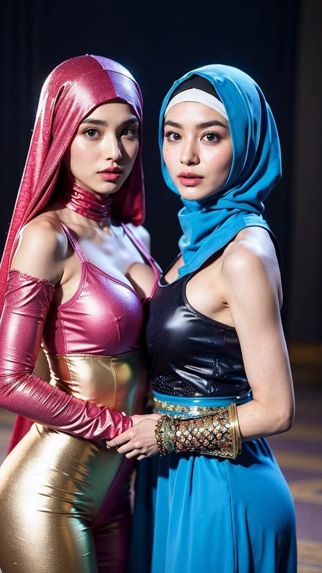 two women in hijabs are posing for a picture, a hyperrealistic painting by Ren Renfa, instagram, renaissance, realistic cosplay, hana alisa omer, artgerm and genzoman, cosplay, arabian wrestling woman, exotic costumes, arabian princess, with beautiful exotic, arabian beauty, asian hyperdetailed, ig model | artgerm, wonderful